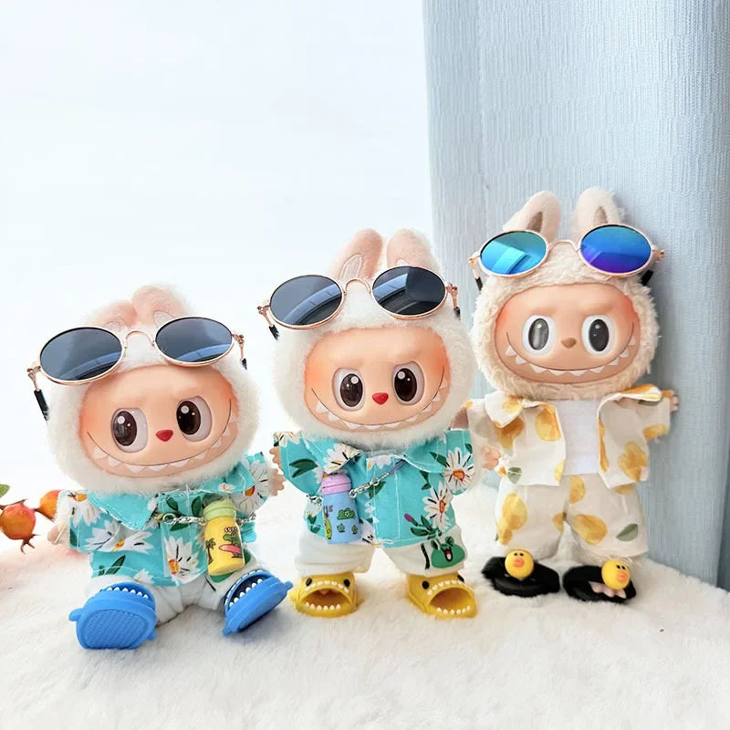 Labubu Floral Shirt & Crocs Beach Wear Set - Vibrant Summer Outfit for 17cm Vinyl Dolls with Tropical Style