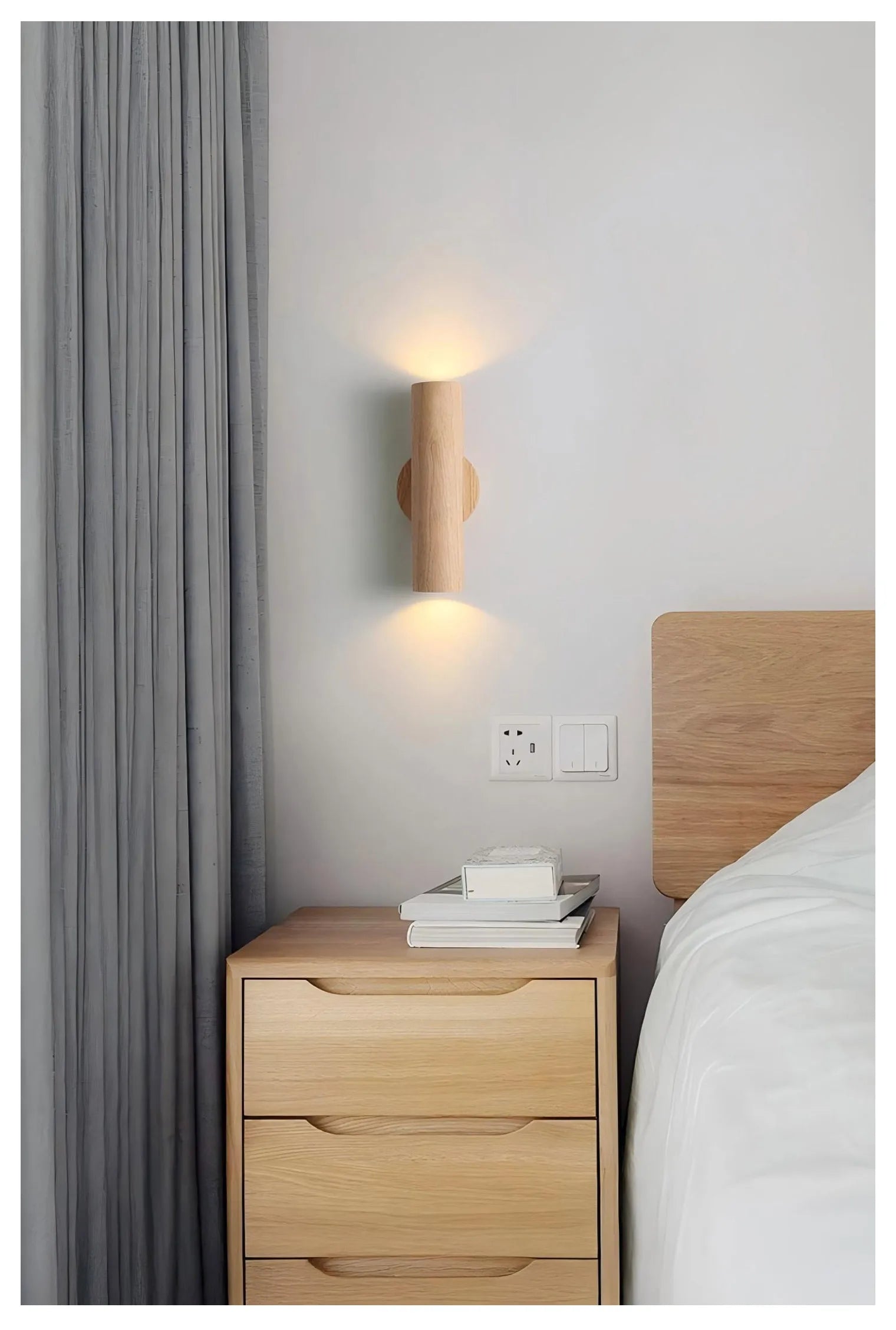 Cylinder Oak Wooden Color Glow top and bottom, Wabi-sabi Minimalist Style, Wall Sconce light for Living, Bedroom bedside, Study