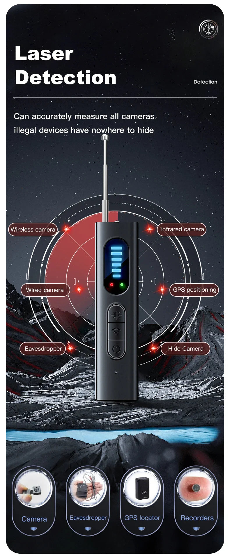 T18 Bug & Hidden Camera Detector – RF Signal Scanner, Anti-Spy Device with Charger
