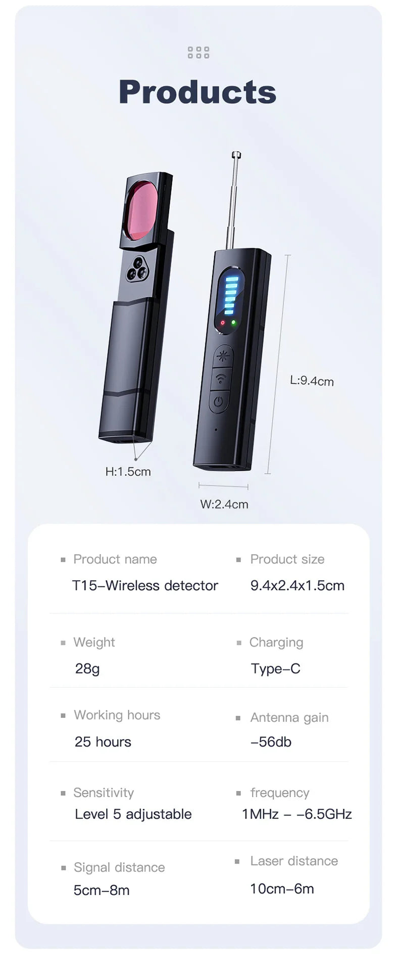 T18 Bug & Hidden Camera Detector – RF Signal Scanner, Anti-Spy Device with Charger