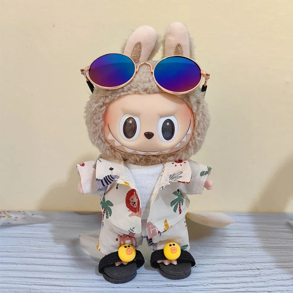 Labubu Floral Shirt & Crocs Beach Wear Set - Vibrant Summer Outfit for 17cm Vinyl Dolls with Tropical Style