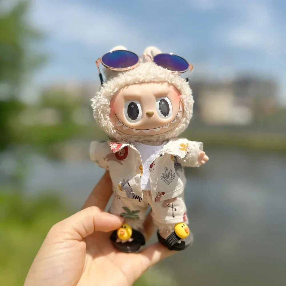 Labubu Floral Shirt & Crocs Beach Wear Set - Vibrant Summer Outfit for 17cm Vinyl Dolls with Tropical Style