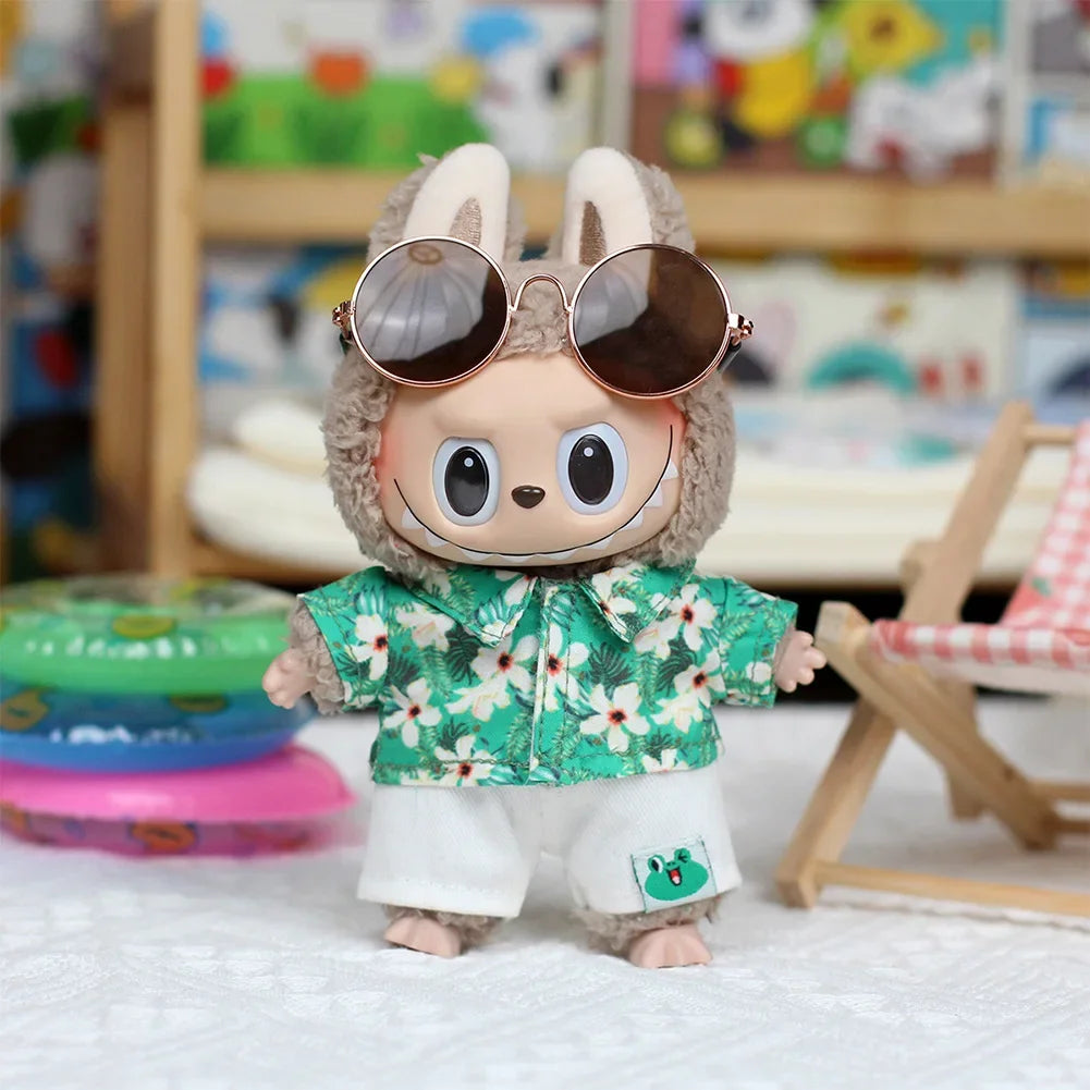 Labubu Floral Shirt & Crocs Beach Wear Set - Vibrant Summer Outfit for 17cm Vinyl Dolls with Tropical Style