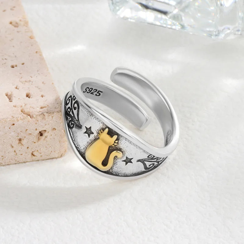 Geometric Cat Ring – Sterling Silver, Punk Style, Adjustable for Women