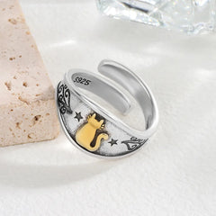 Geometric Cat Ring – Sterling Silver, Punk Style, Adjustable for Women