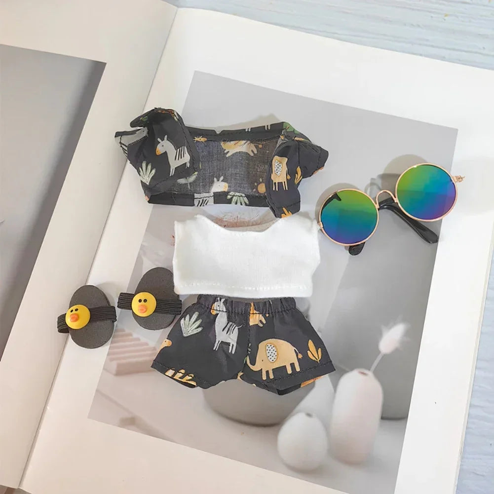 Labubu Floral Shirt & Crocs Beach Wear Set - Vibrant Summer Outfit for 17cm Vinyl Dolls with Tropical Style