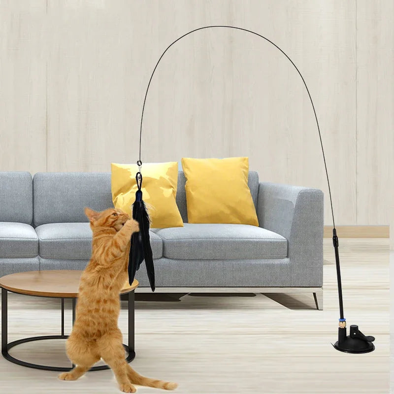Cats Toys Feathers Wand Interactive Toy Kitten Toys with Super Suction Cup Detachable Feather Replacements Cat Accessories