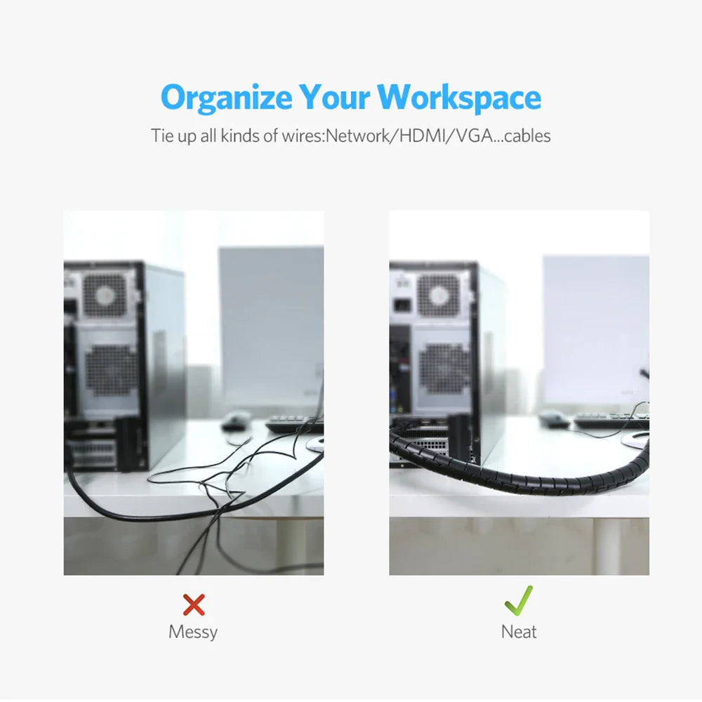Desk Cable Organizer Spiral – Flexible 1.5/2m Tube, 10/16mm Cord Management