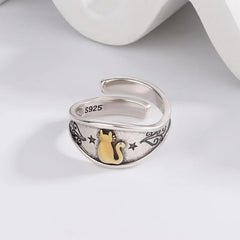 Geometric Cat Ring – Sterling Silver, Punk Style, Adjustable for Women