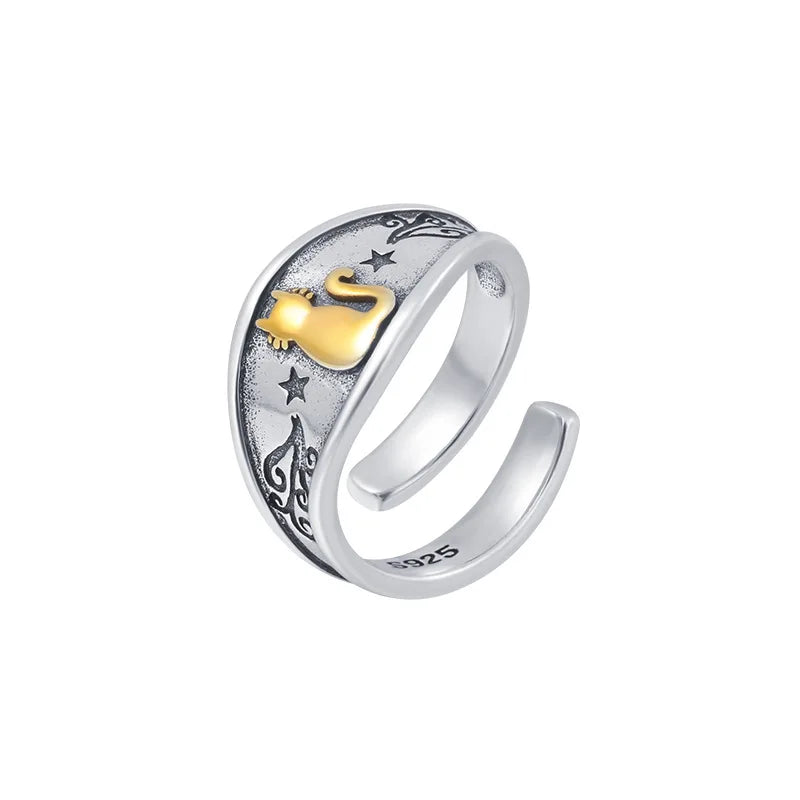 Geometric Cat Ring – Sterling Silver, Punk Style, Adjustable for Women