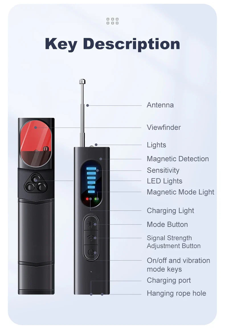 T18 Bug & Hidden Camera Detector – RF Signal Scanner, Anti-Spy Device with Charger