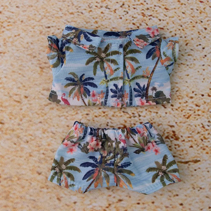 Labubu Floral Shirt & Crocs Beach Wear Set - Vibrant Summer Outfit for 17cm Vinyl Dolls with Tropical Style