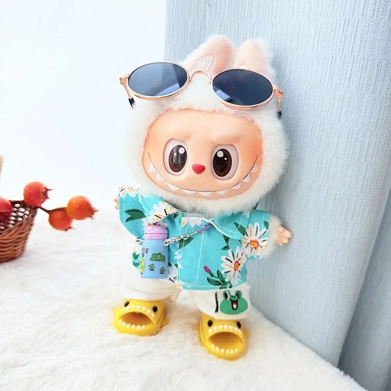 Labubu Floral Shirt & Crocs Beach Wear Set - Vibrant Summer Outfit for 17cm Vinyl Dolls with Tropical Style