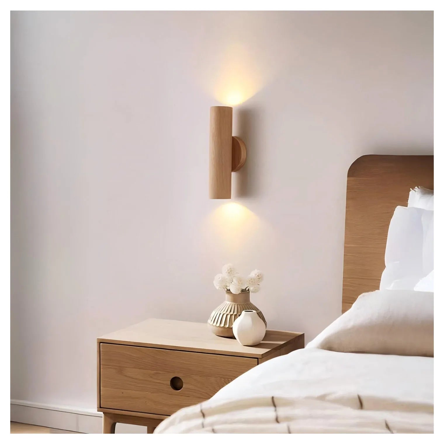 Cylinder Oak Wooden Color Glow top and bottom, Wabi-sabi Minimalist Style, Wall Sconce light for Living, Bedroom bedside, Study