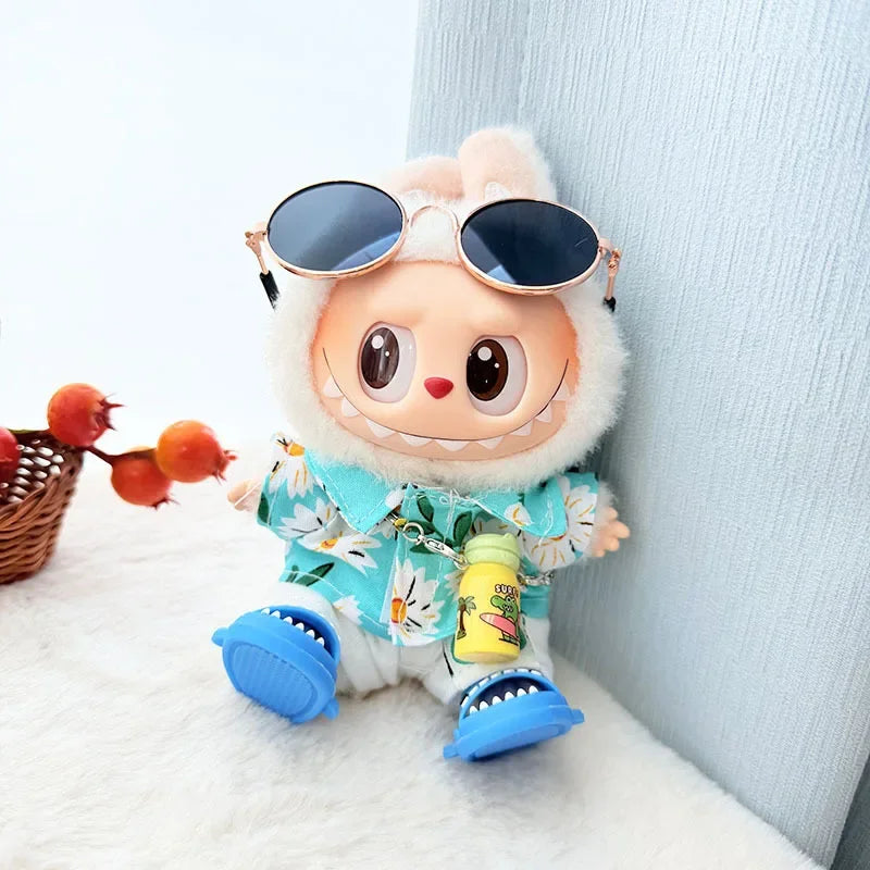 Labubu Floral Shirt & Crocs Beach Wear Set - Vibrant Summer Outfit for 17cm Vinyl Dolls with Tropical Style