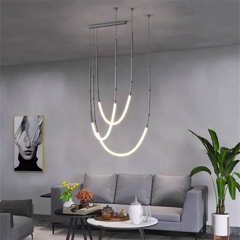 Leda curve chandelier Metal Hose Black linear lamp for Living Room Center Table designer lamp Home Decor staircase lighting