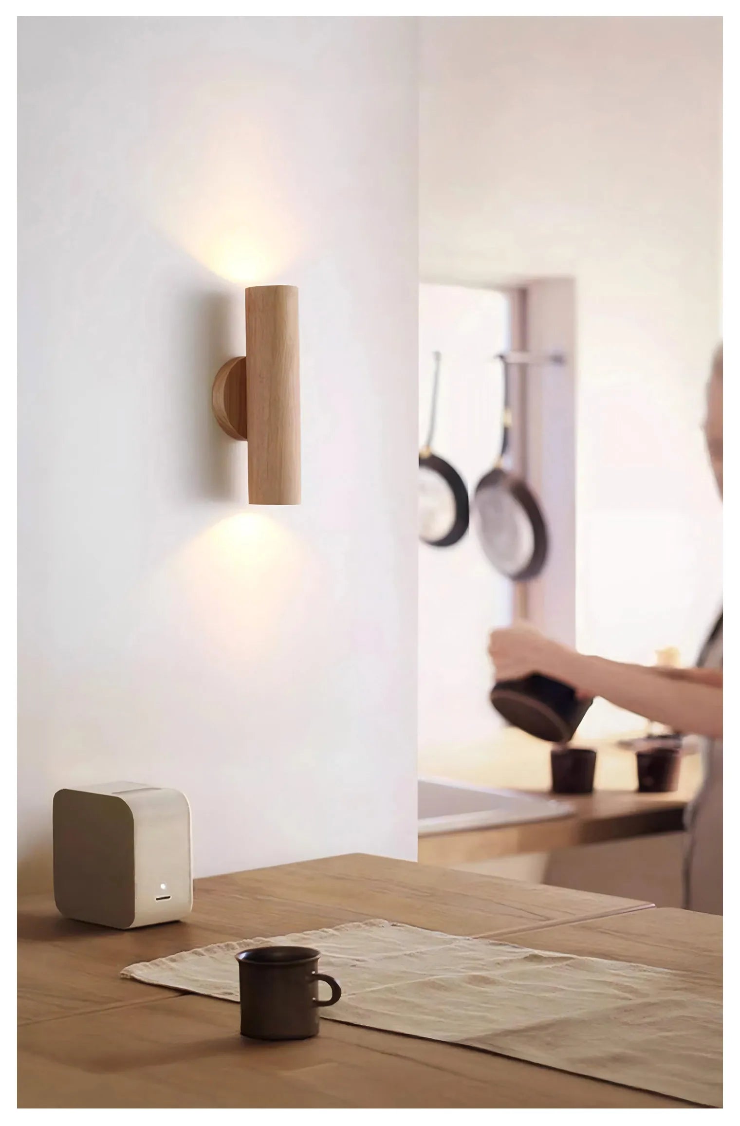 Cylinder Oak Wooden Color Glow top and bottom, Wabi-sabi Minimalist Style, Wall Sconce light for Living, Bedroom bedside, Study