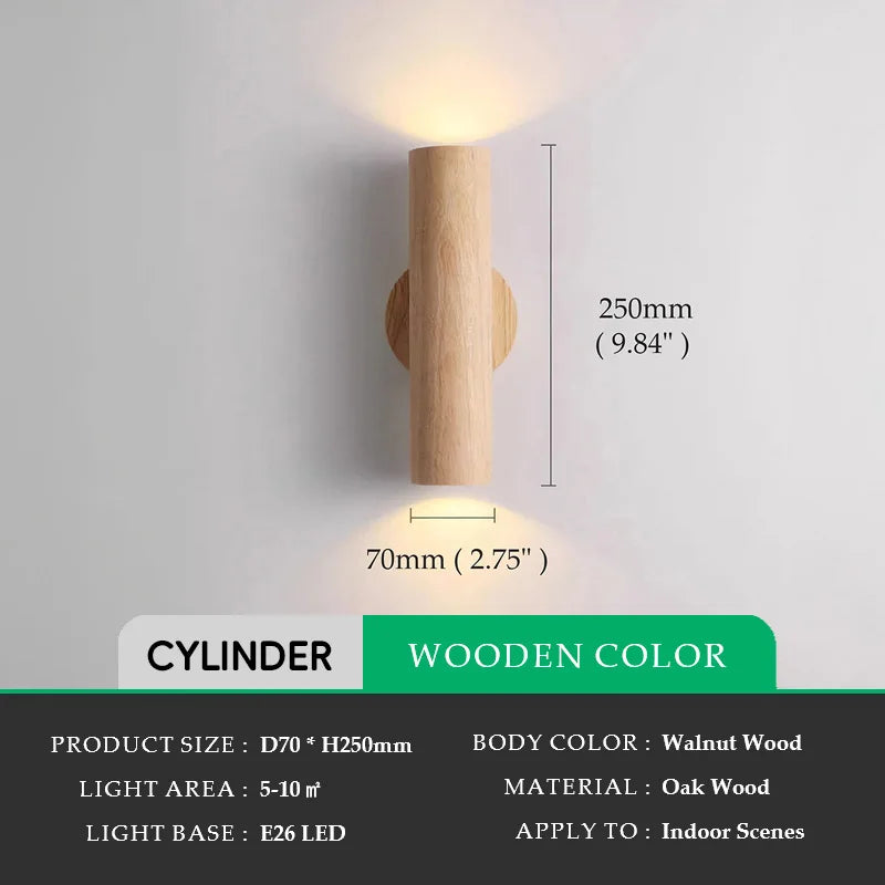 Cylinder Oak Wooden Color Glow top and bottom, Wabi-sabi Minimalist Style, Wall Sconce light for Living, Bedroom bedside, Study